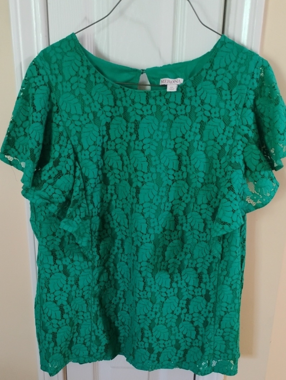Merona Emerald Green Floral Lace Ruffle Sleeve Blouse